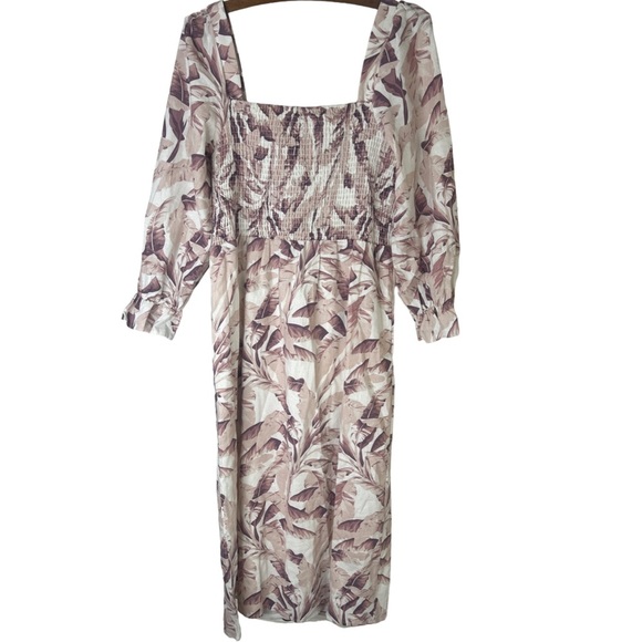 House of Harlow 1960 Linen Smocked Pink Palm Midi Dress Bishop Sleeve Medium - Picture 3 of 16